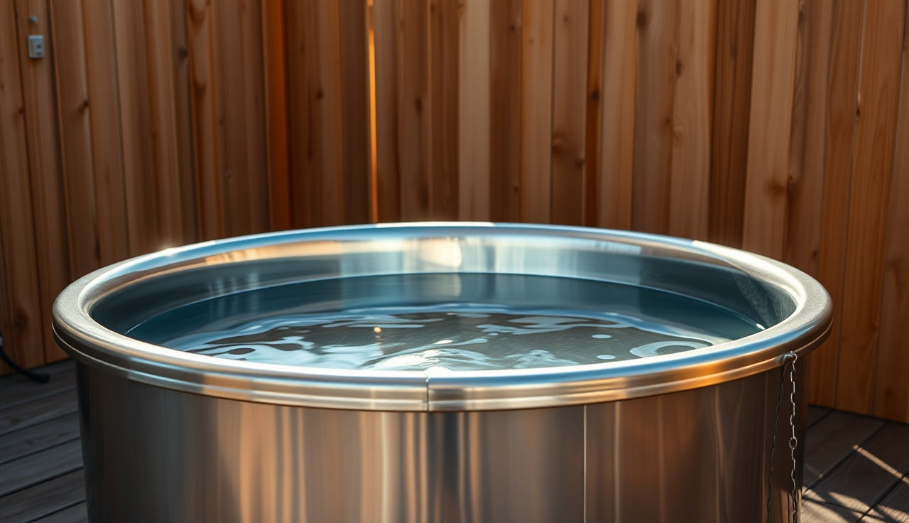Stainless steel cold plunge tub on a wooden outdoor deck in morning light