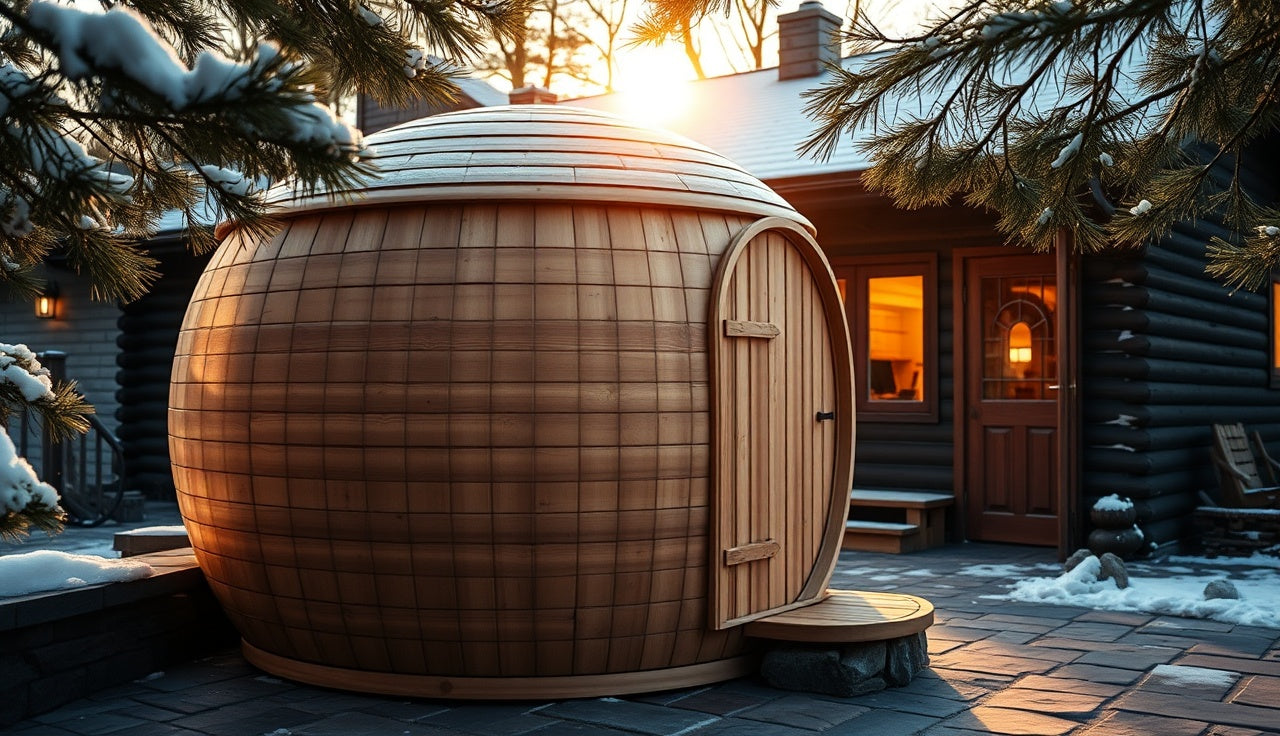 A cedar barrel sauna on a backyard stone patio in winter light