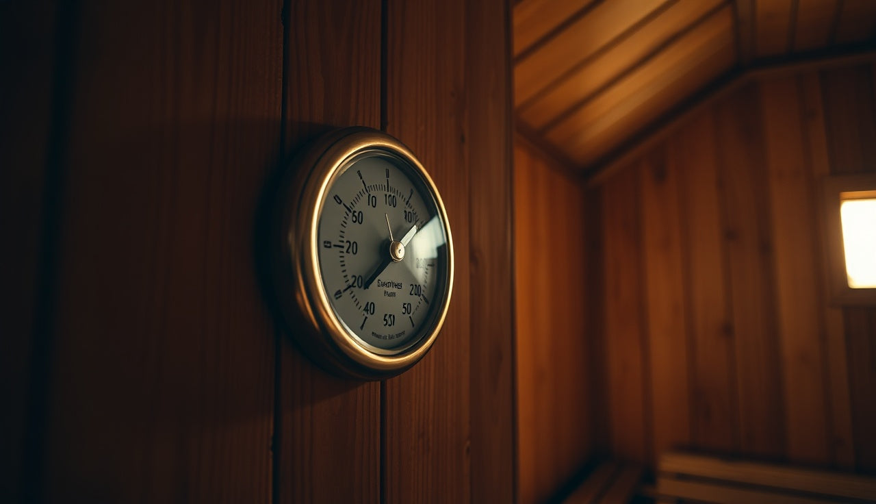 Stainless steel sauna thermometer mounted on spruce wood wall inside a dim sauna cabin