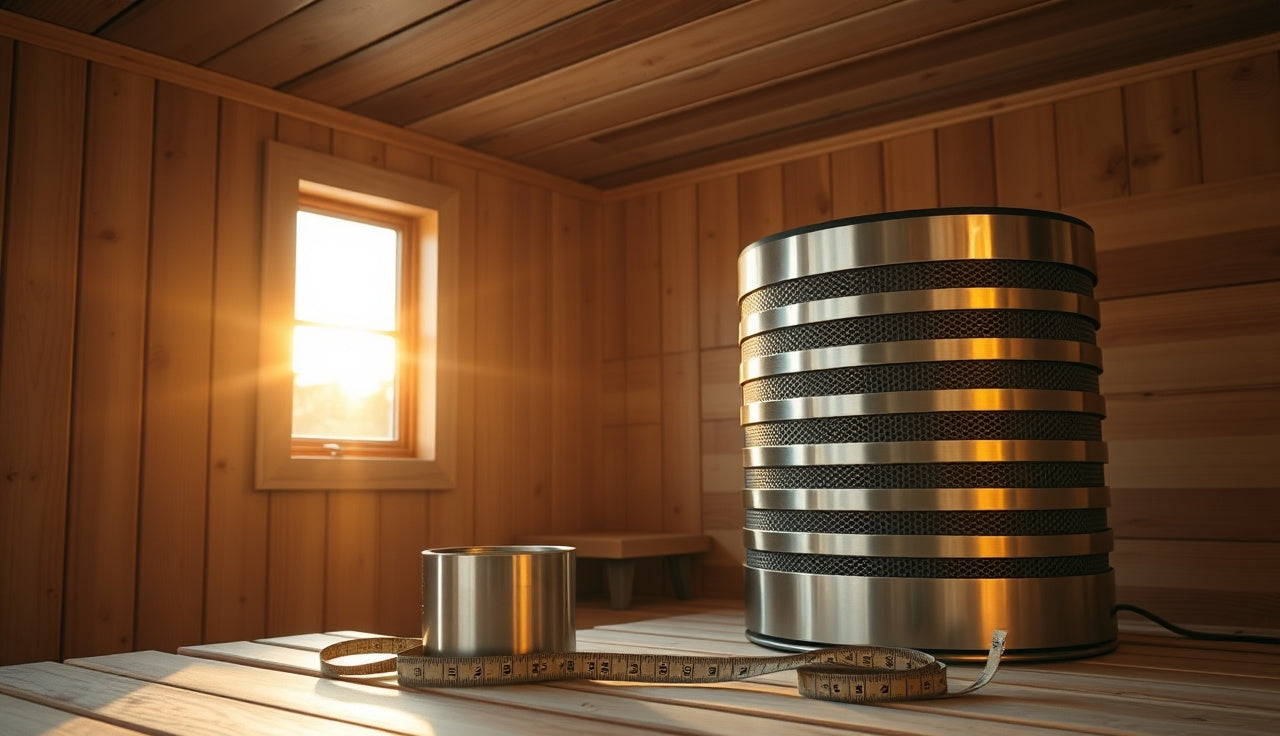 Stainless steel sauna heater guard with mesh detail inside a wood-paneled sauna room