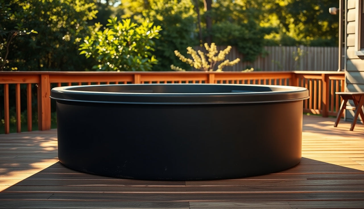 Black polyethylene cold plunge tub on outdoor cedar deck showing early UV chalking on rim