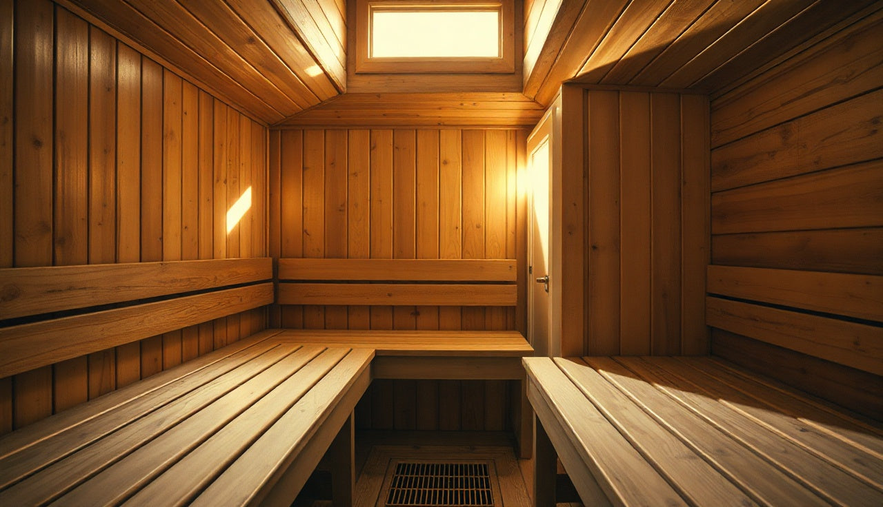 Wooden sauna interior showing wall board gaps, ceiling vent, and floor drain for mold prevention