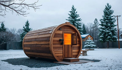 Cedar barrel sauna on gravel pad in snowy backyard at dusk with warm interior glow