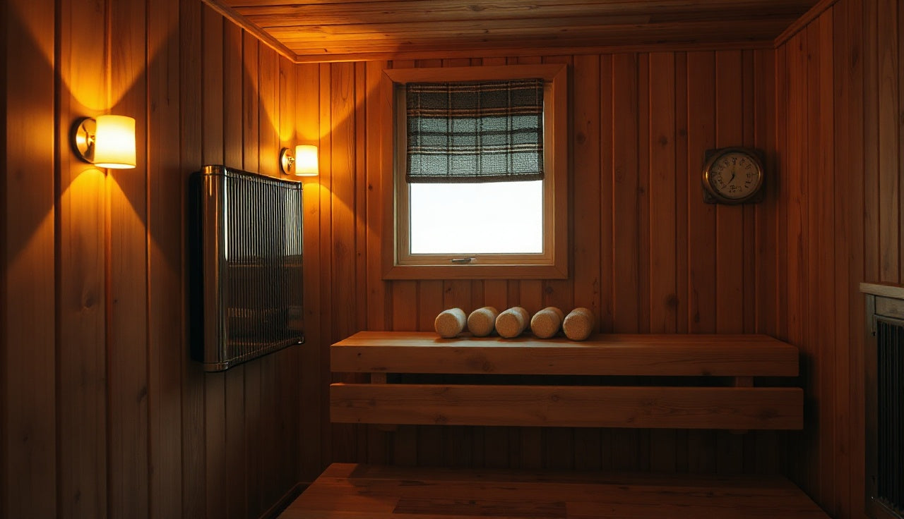 Wooden sauna interior with electric heater and stones, thermometer on wall