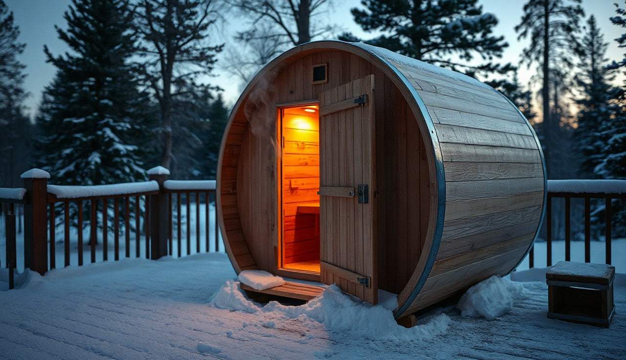 Cedar barrel sauna on snowy deck at dusk with warm light inside and steam at doorway