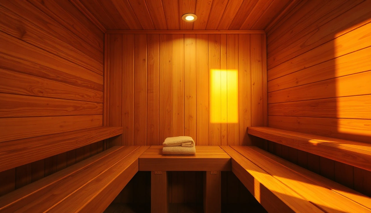 Warm cedar interior of a far infrared sauna cabin with glowing wall panels