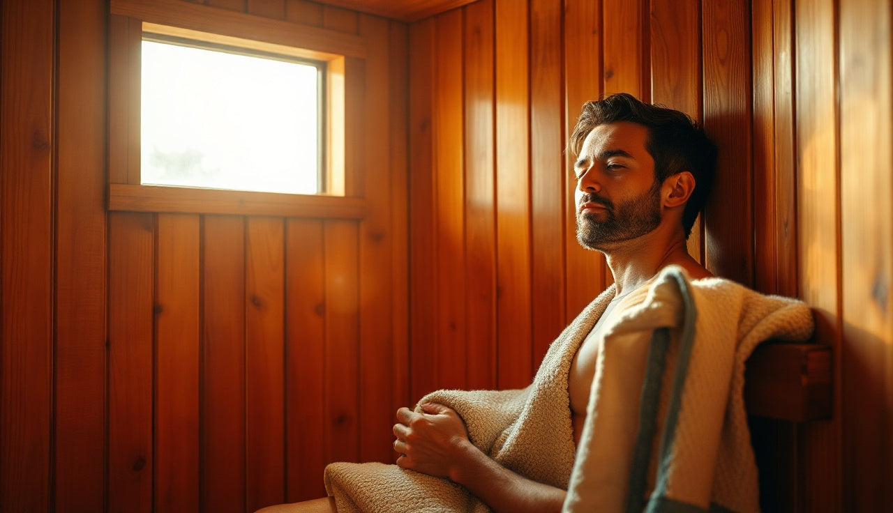 Person relaxing inside a warm cedar infrared sauna cabin during a session