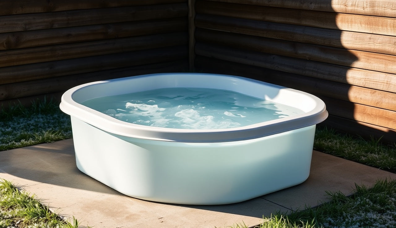 Large outdoor cold plunge tub filled with clear cold water on a concrete pad in early morning light