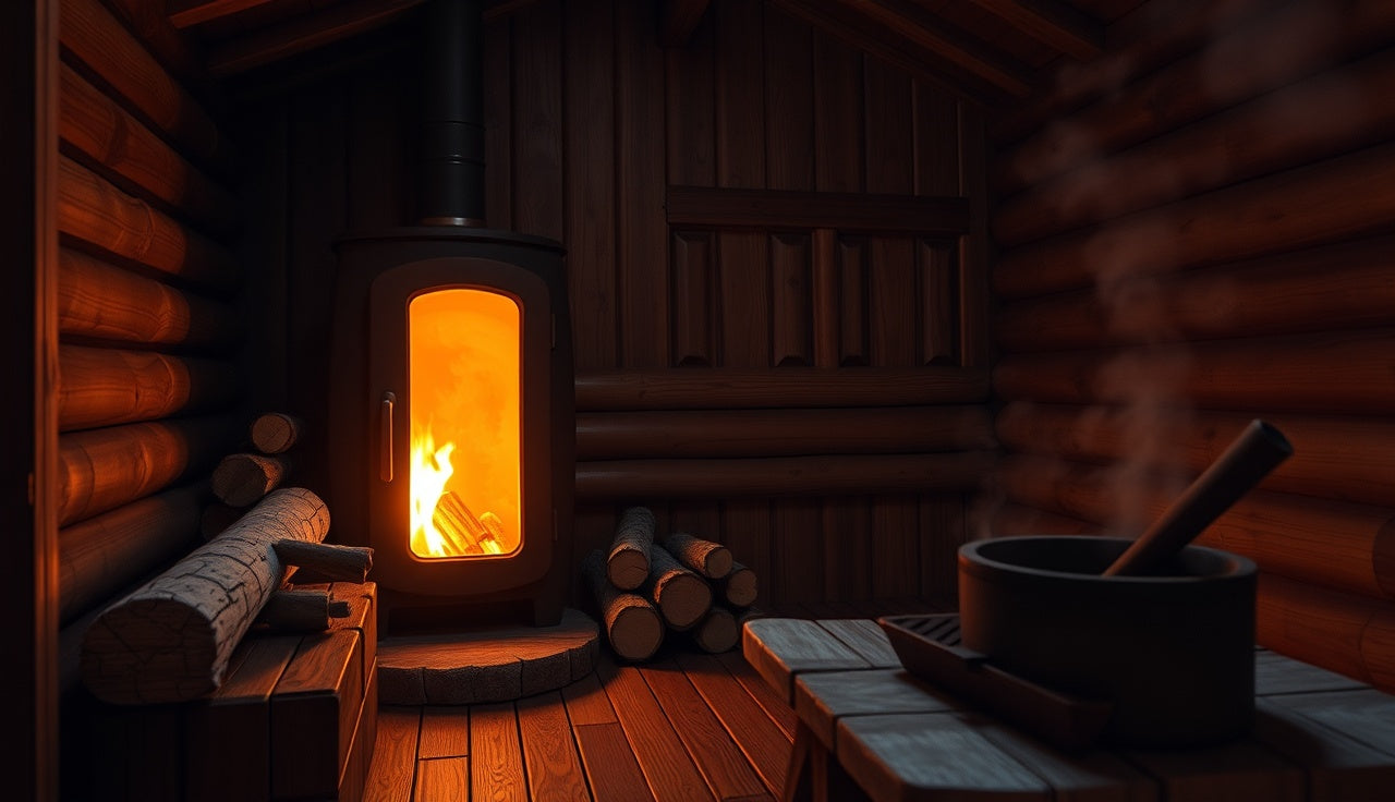 Wood-burning sauna heater with glowing fire beside stacked birch logs