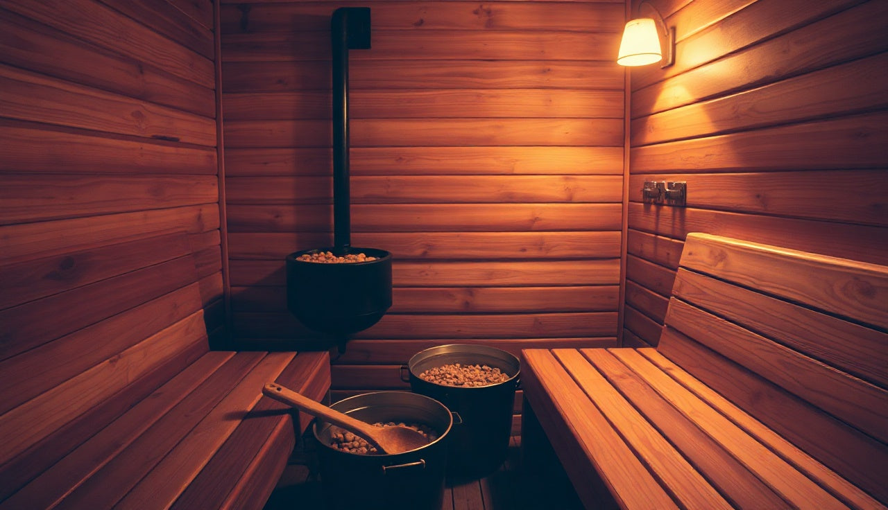Cedar sauna interior with warm amber light and stone heater, showing proper bench setup