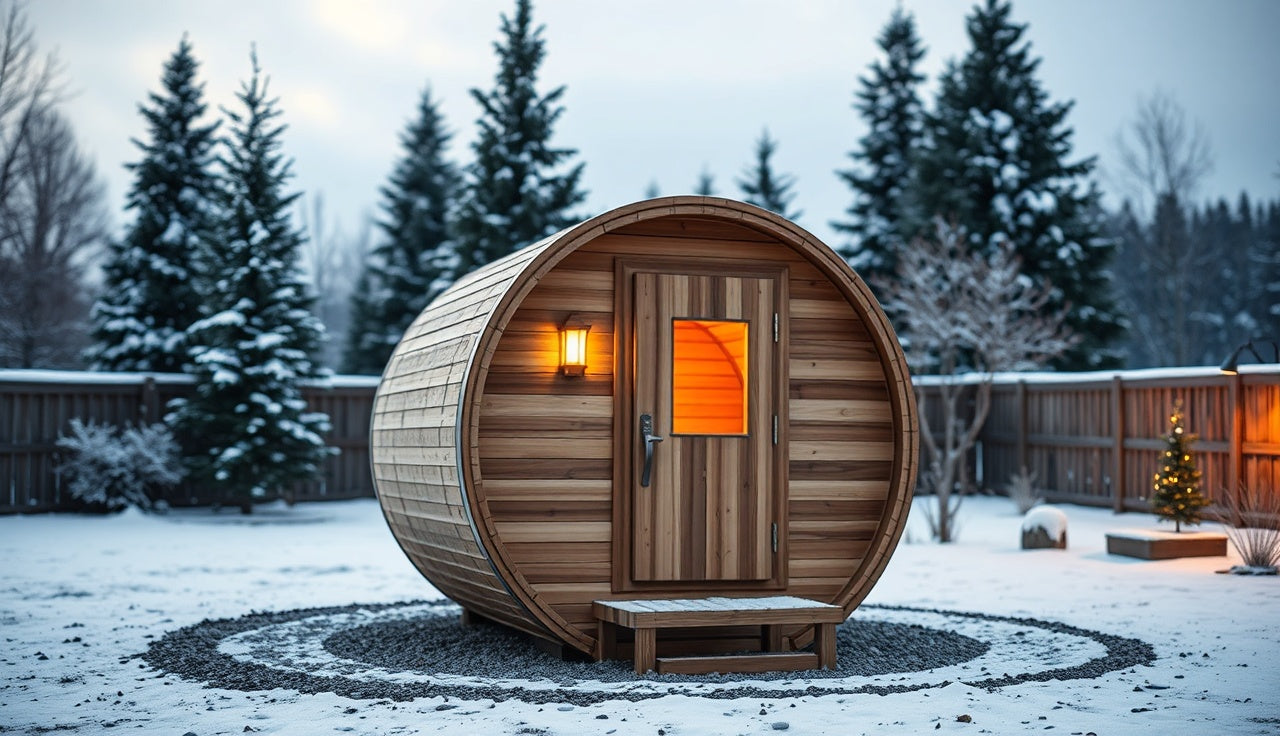 Cedar barrel sauna on gravel pad in snowy backyard at dusk with warm interior light