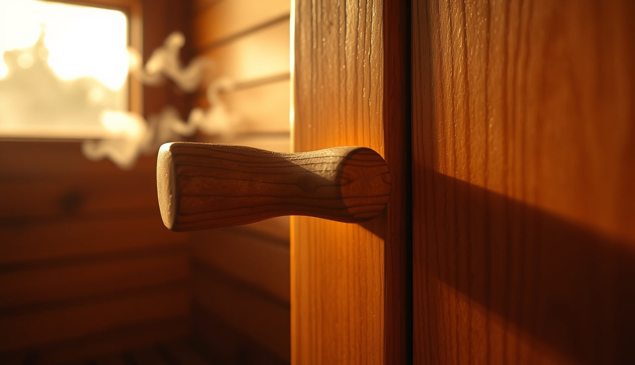 Close-up of a wooden cedar sauna door handle with warm interior light
