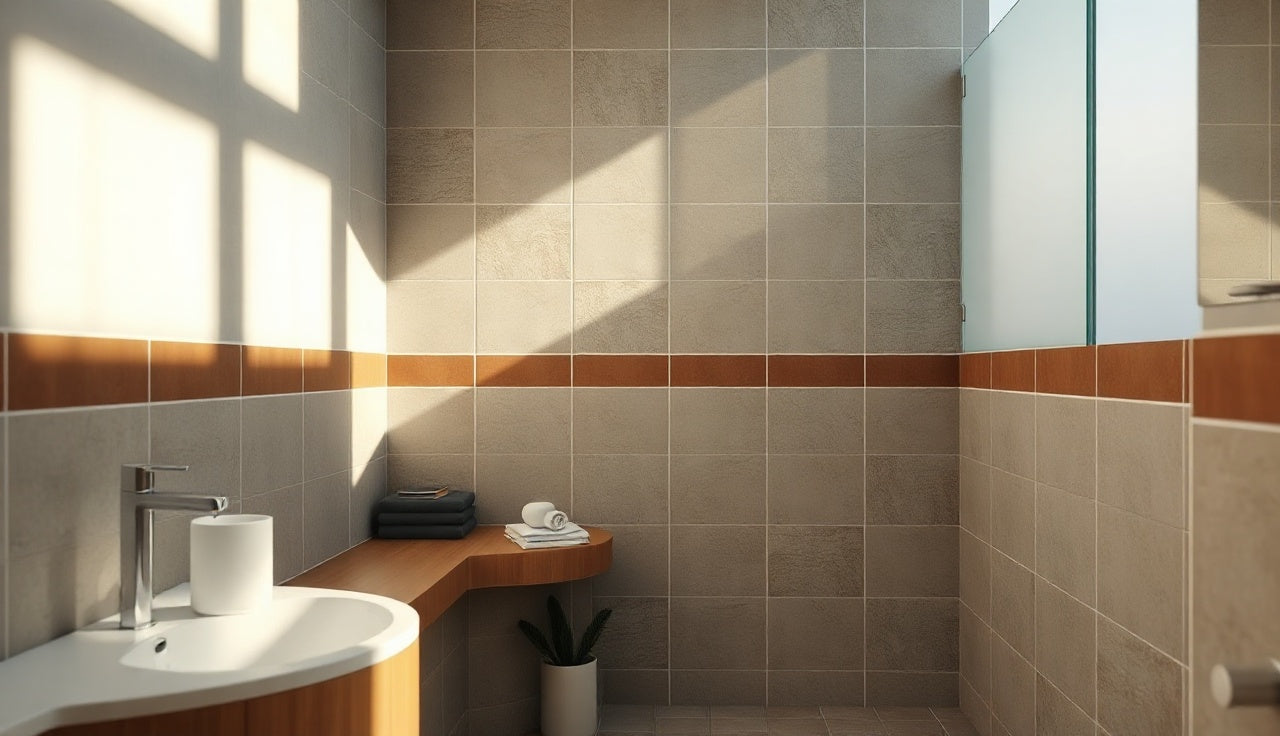 Steam room interior showing grey ceramic tile wall beside white acrylic panel