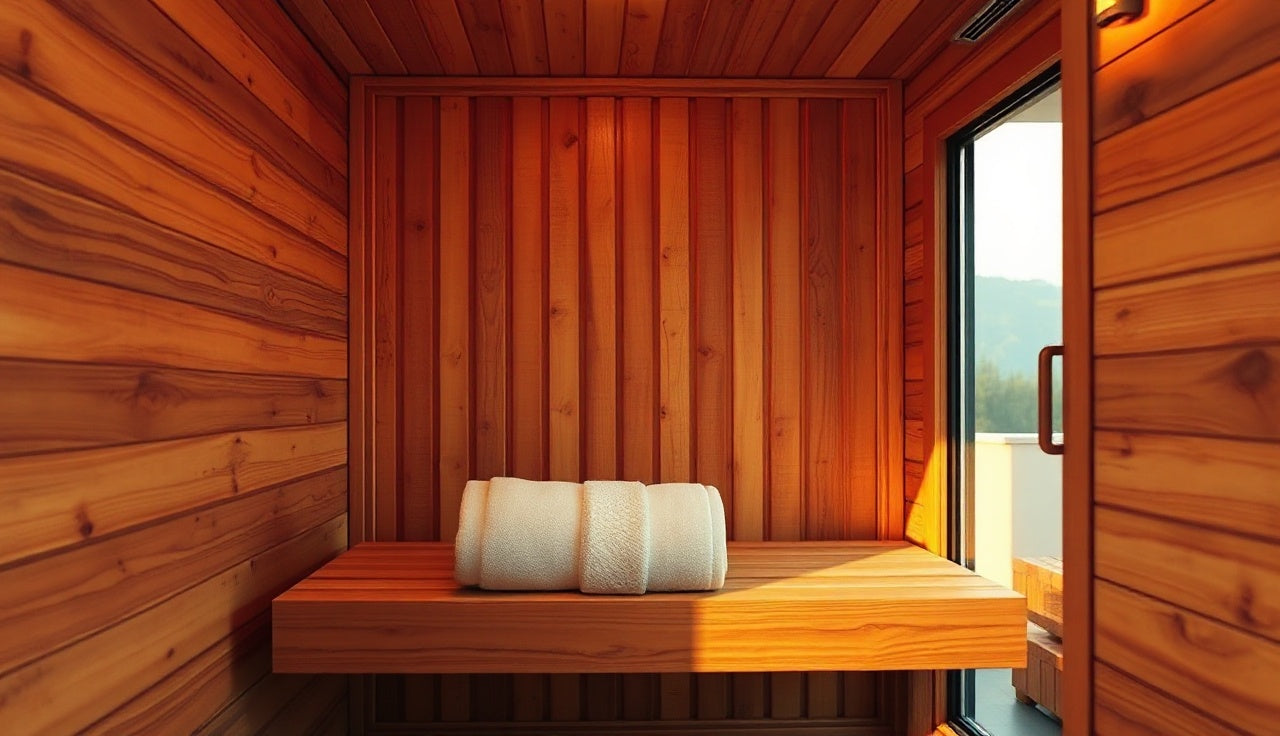 Cedar interior of a hotbox infrared sauna with glowing carbon panels and wooden bench