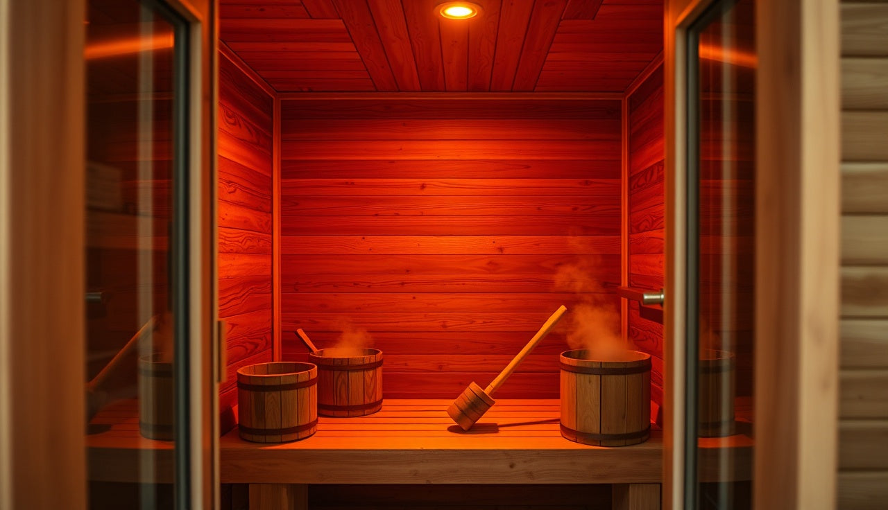 Interior of a low temperature infrared sauna with warm glowing panels and wooden bench