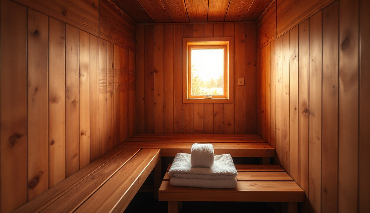 Interior of a far infrared sauna with wooden bench and warm amber lighting