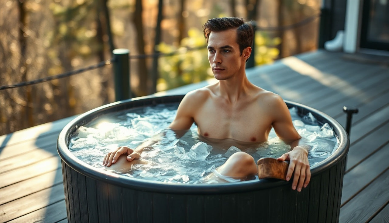 Person sitting in icy cold plunge tub outdoors for muscle recovery after workout