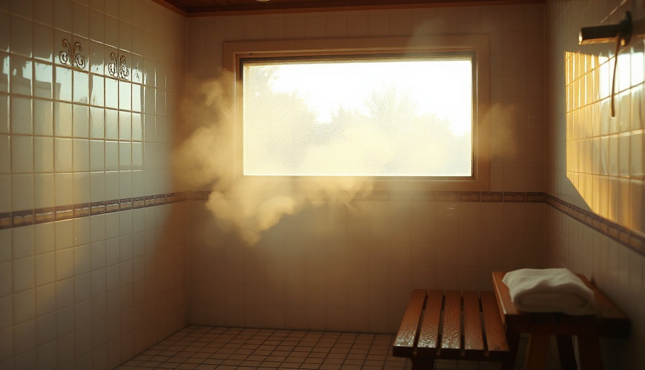 Condensation-covered tile walls inside a steam room filled with dense white steam