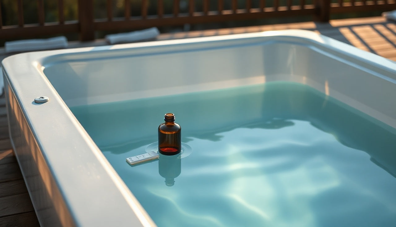 Hydrogen peroxide bottle and test strips on the edge of an outdoor cold plunge tub