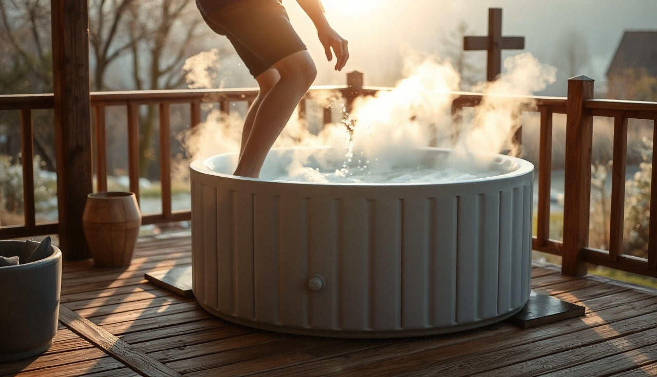 Person stepping into outdoor cold plunge tub on wooden deck at dawn