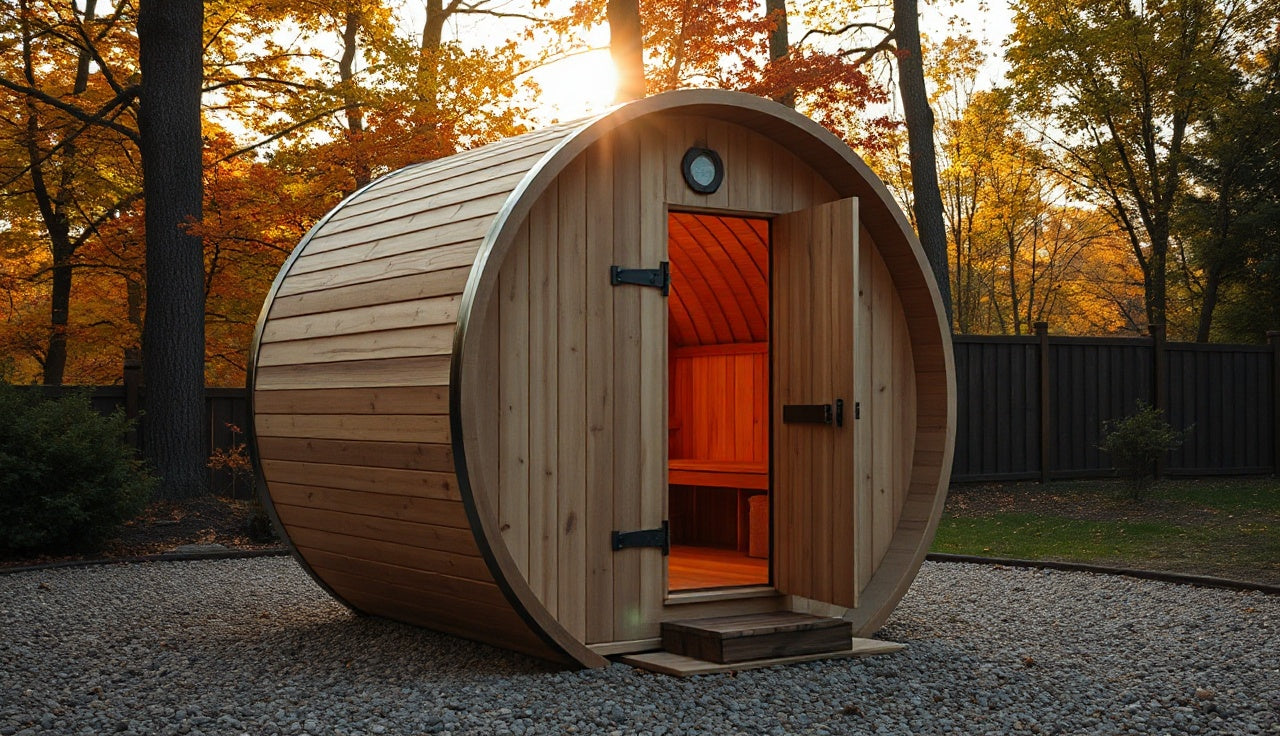 Cedar barrel sauna in a backyard with autumn trees and warm interior light