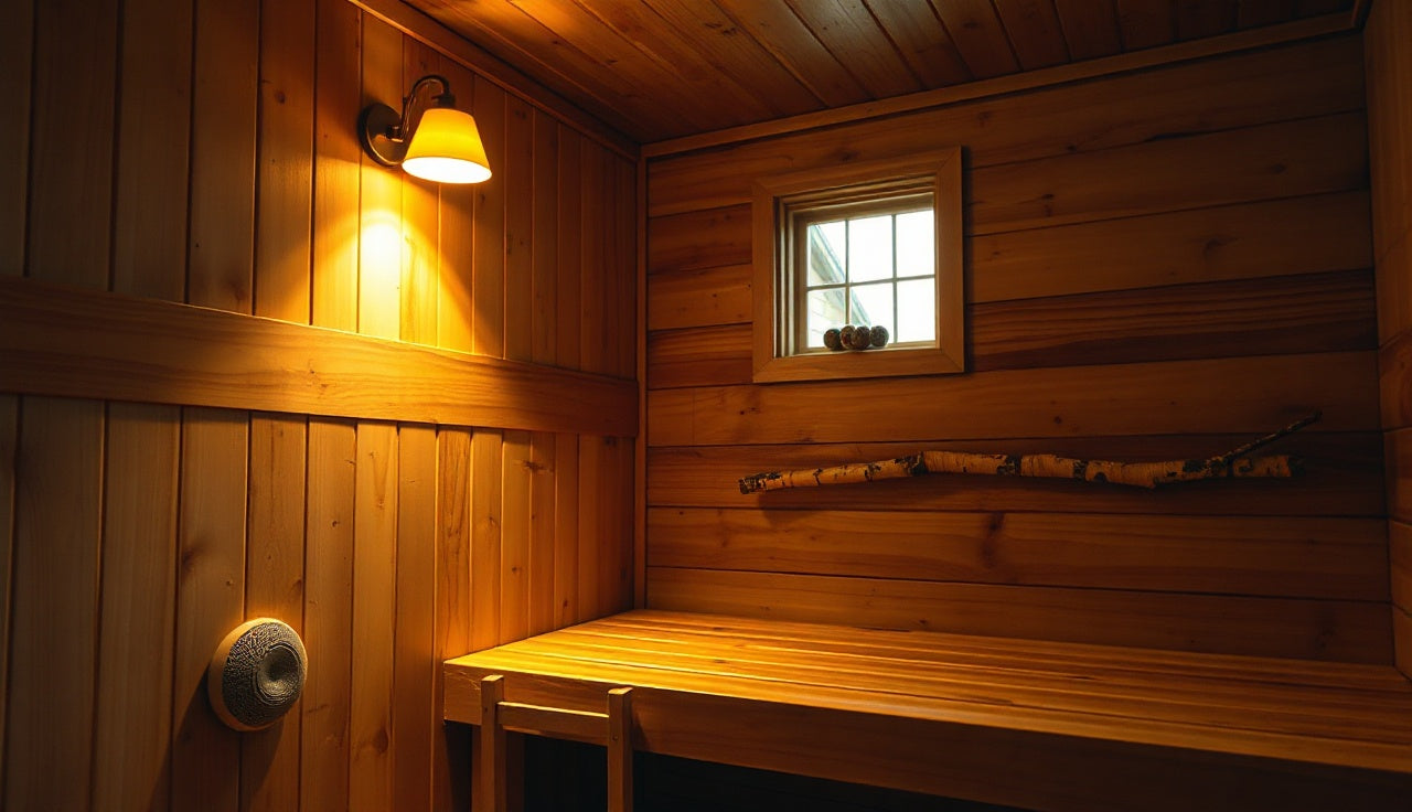 Cedar sauna interior with recessed wall speaker mounted near bench height