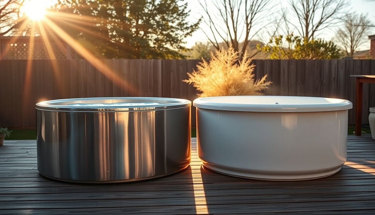 Stainless steel and fiberglass cold plunge tubs side by side on a sunny deck