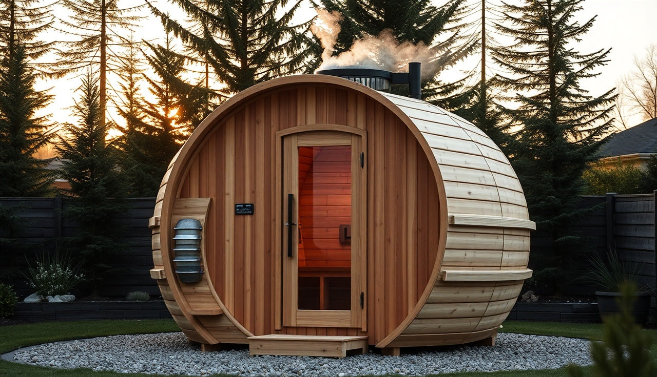 Cedar barrel sauna outdoors on gravel pad at golden hour with glowing interior