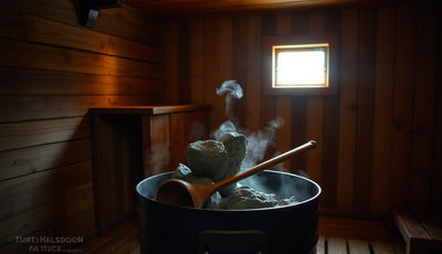 Cedar barrel sauna interior with glowing rocks and steam rising, empty bench