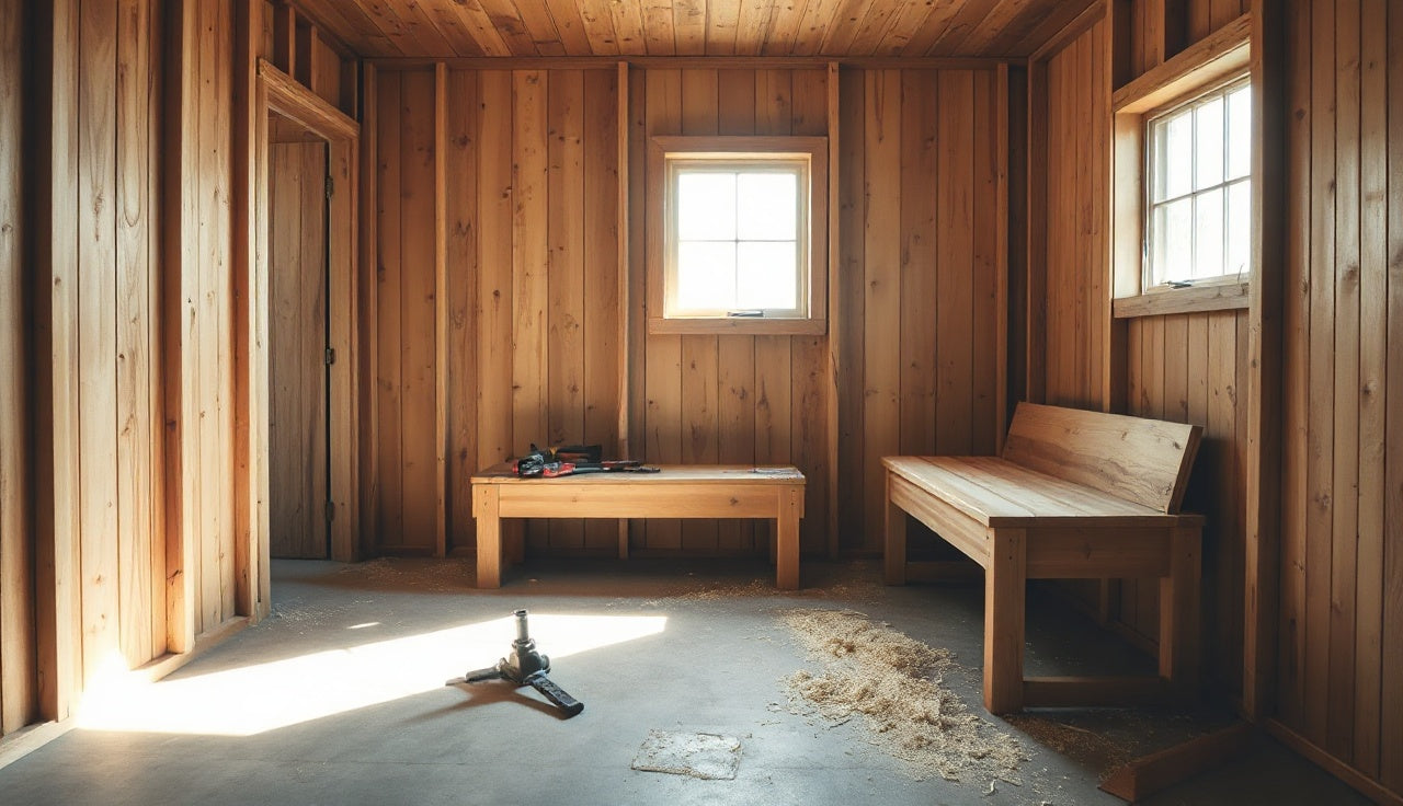 Cedar sauna room under construction with framed walls and tongue-and-groove paneling half-installed