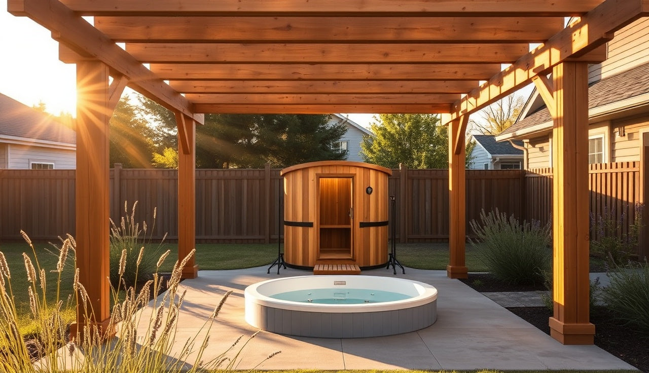 Cedar pergola covering a barrel sauna and cold plunge tub in a backyard