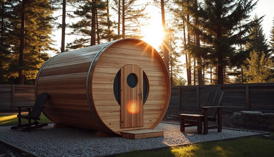 Cedar barrel portable wooden sauna on gravel pad in a sunny backyard