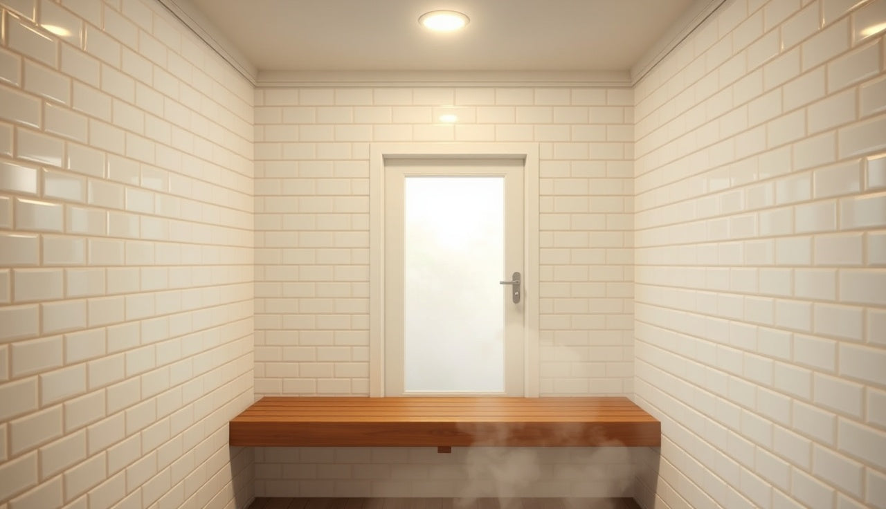 Finished home steam room with teak bench, white tile walls, and rising steam