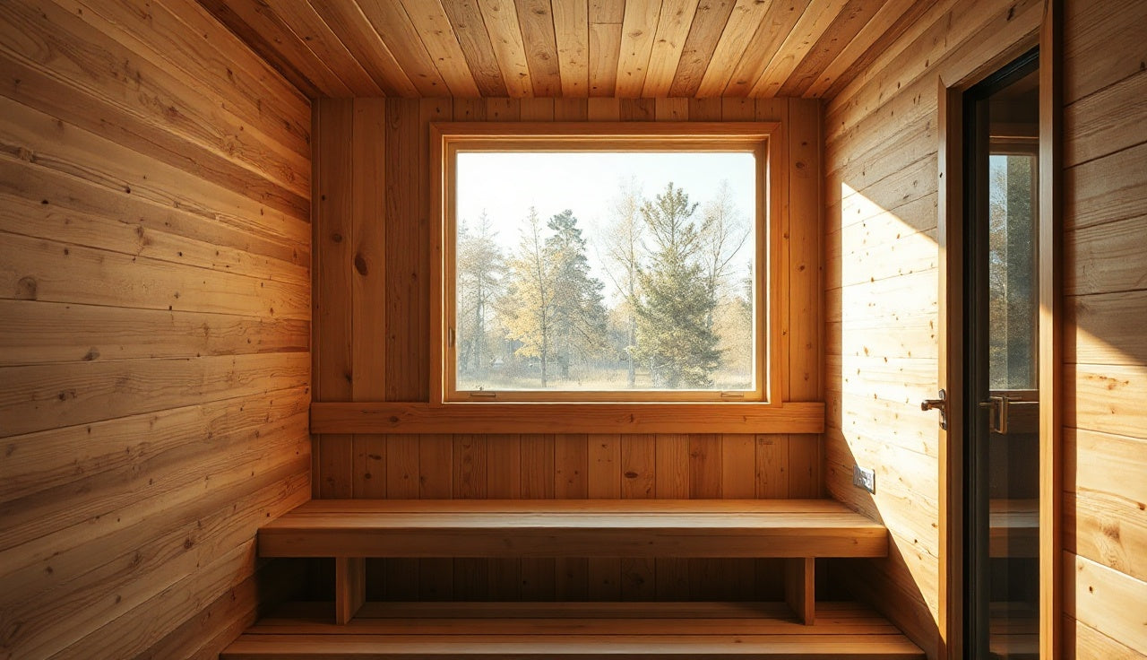 Cedar sauna room under construction showing bench framing and vapor barrier installation