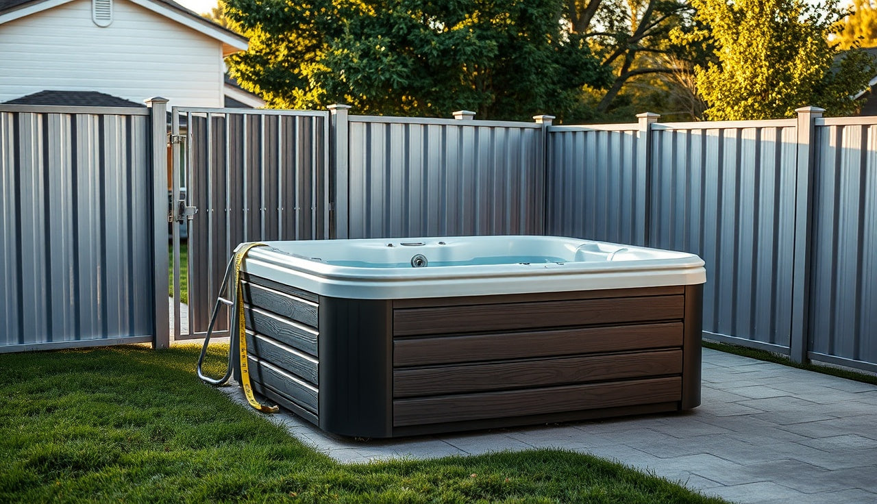 Outdoor cold plunge tub enclosed by a compliant aluminum safety fence with self-latching gate