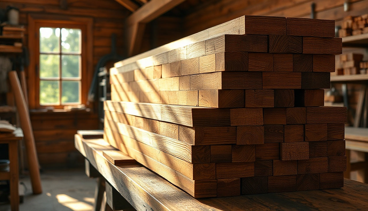 Stacked cedar sauna wood boards with visible grain texture in workshop light