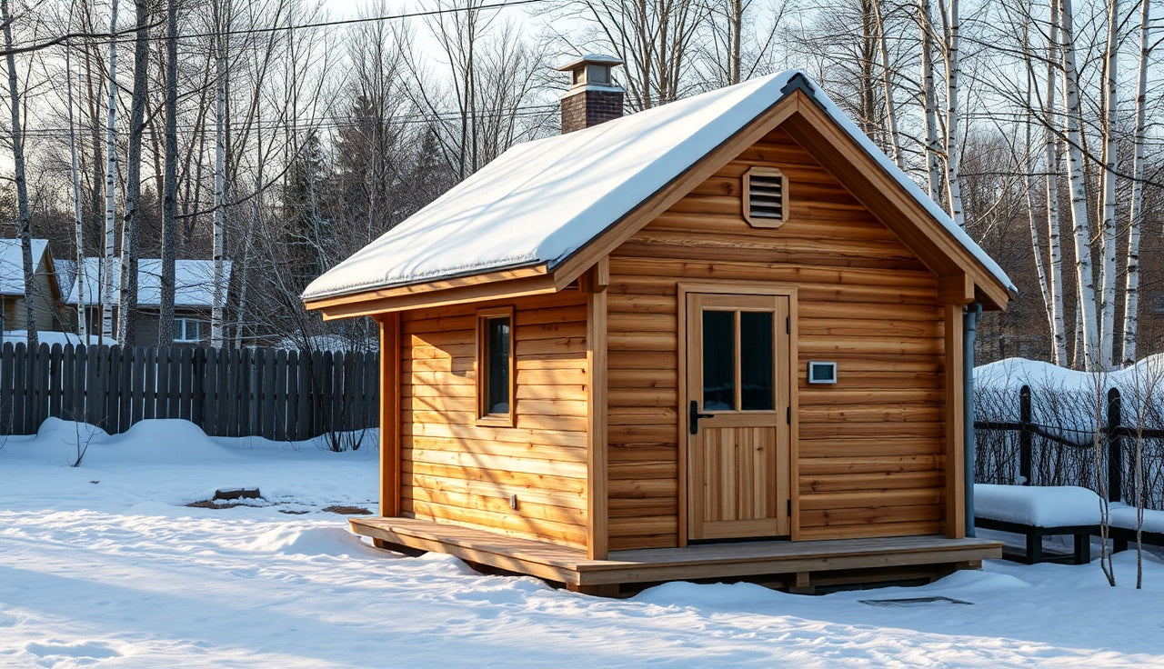 Outdoor cedar sauna with steep gable roof covered in snow during winter