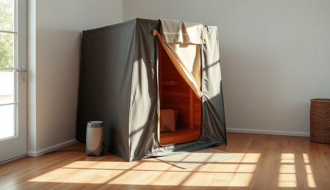 Portable sauna tent and steam generator set up on a hardwood floor indoors