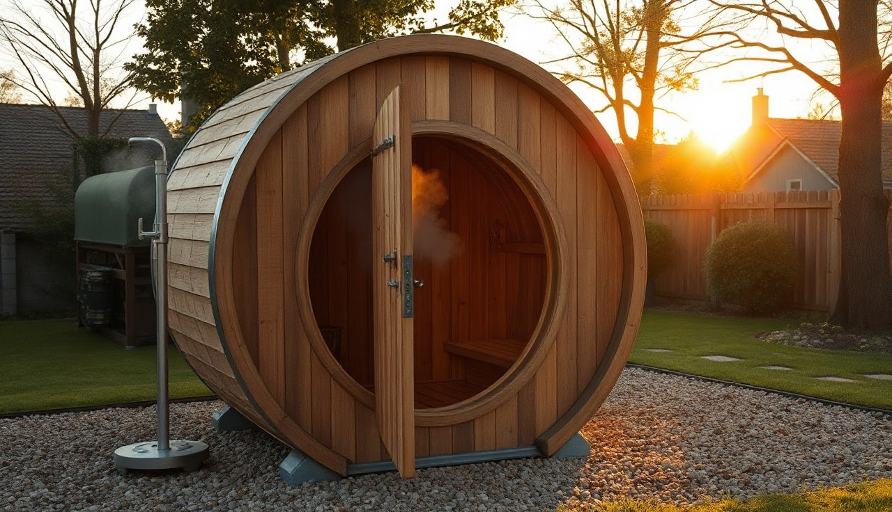 Cedar barrel shower sauna on a gravel pad outdoors at golden hour