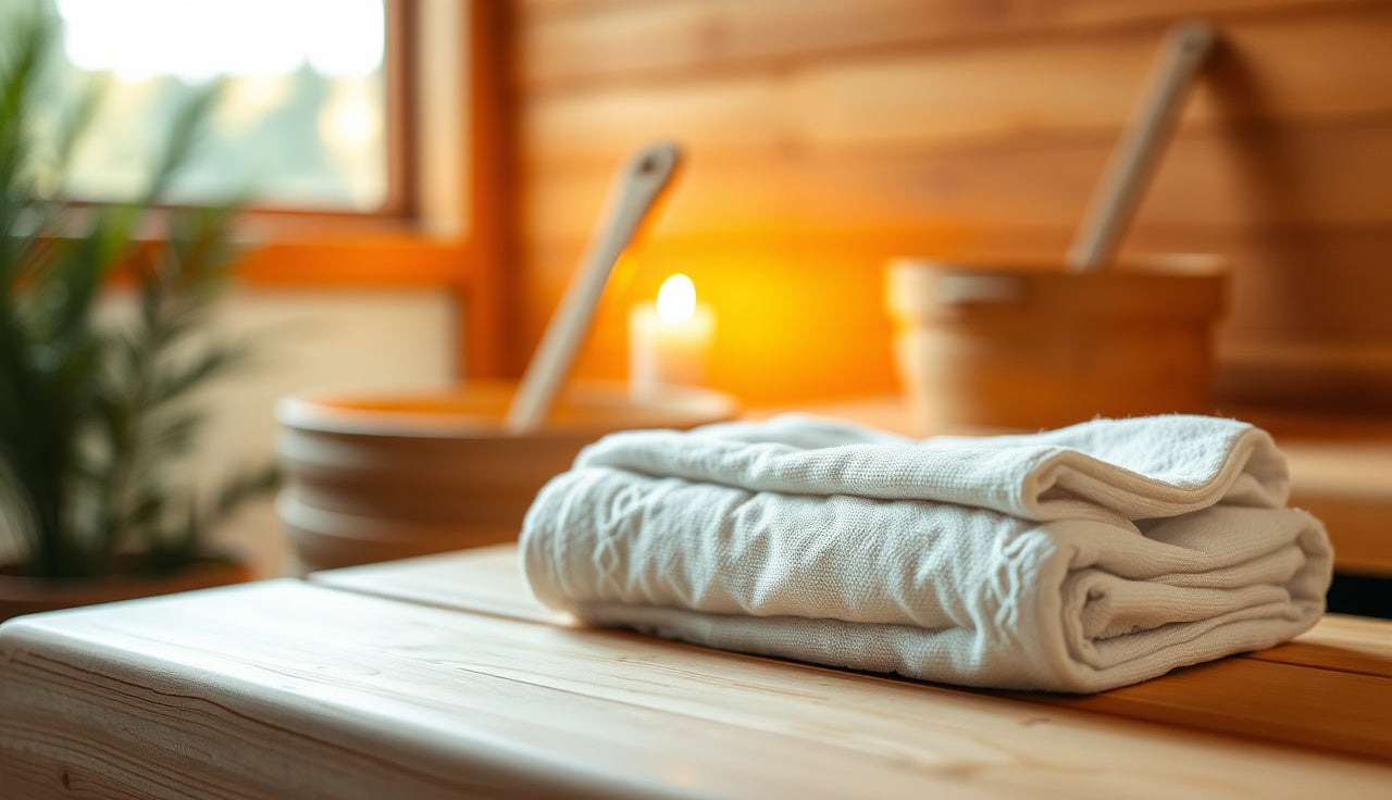 Clean white towel folded on a wooden sauna bench with bucket and ladle nearby