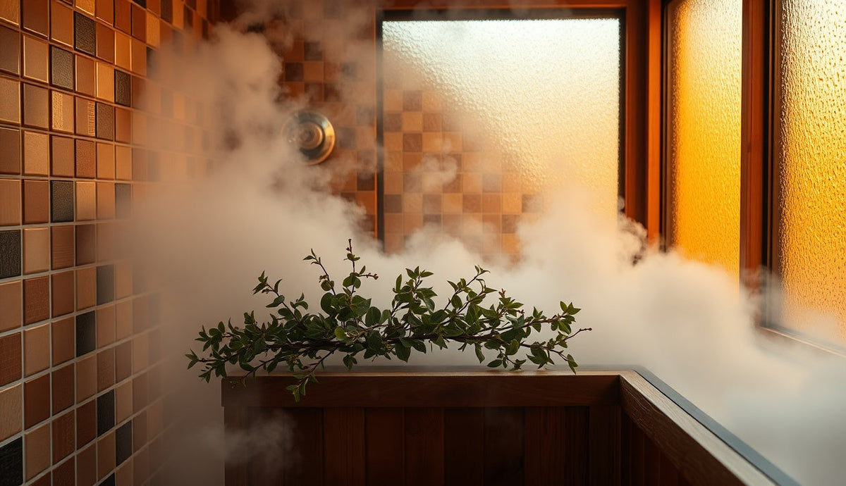 Eucalyptus branches resting on a bench in a tiled steam room filled with vapor