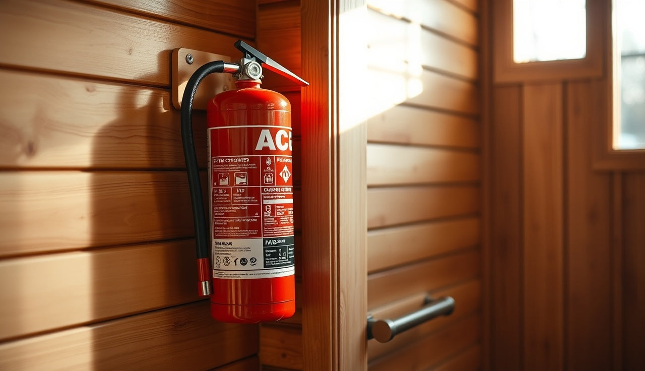 Red fire extinguisher mounted on cedar wall next to a sauna door