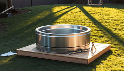 Stainless cold plunge tub on a lumber platform on a sloped backyard lawn