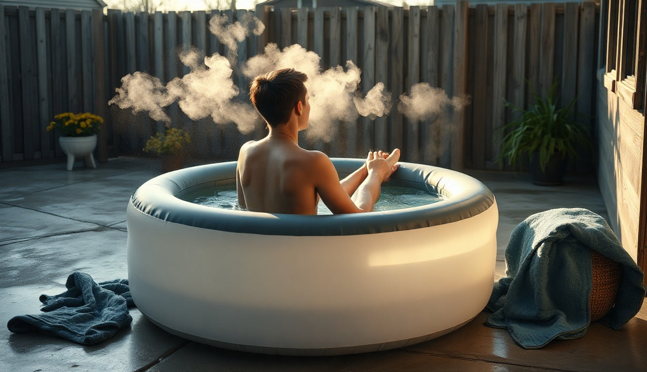 Person sitting submerged in an inflatable cold plunge tub on a patio in morning light