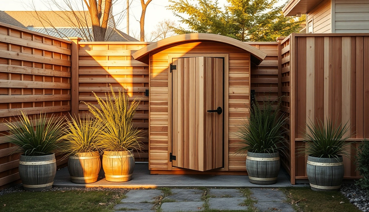 Cedar barrel sauna enclosed by horizontal cedar slat privacy fence in backyard