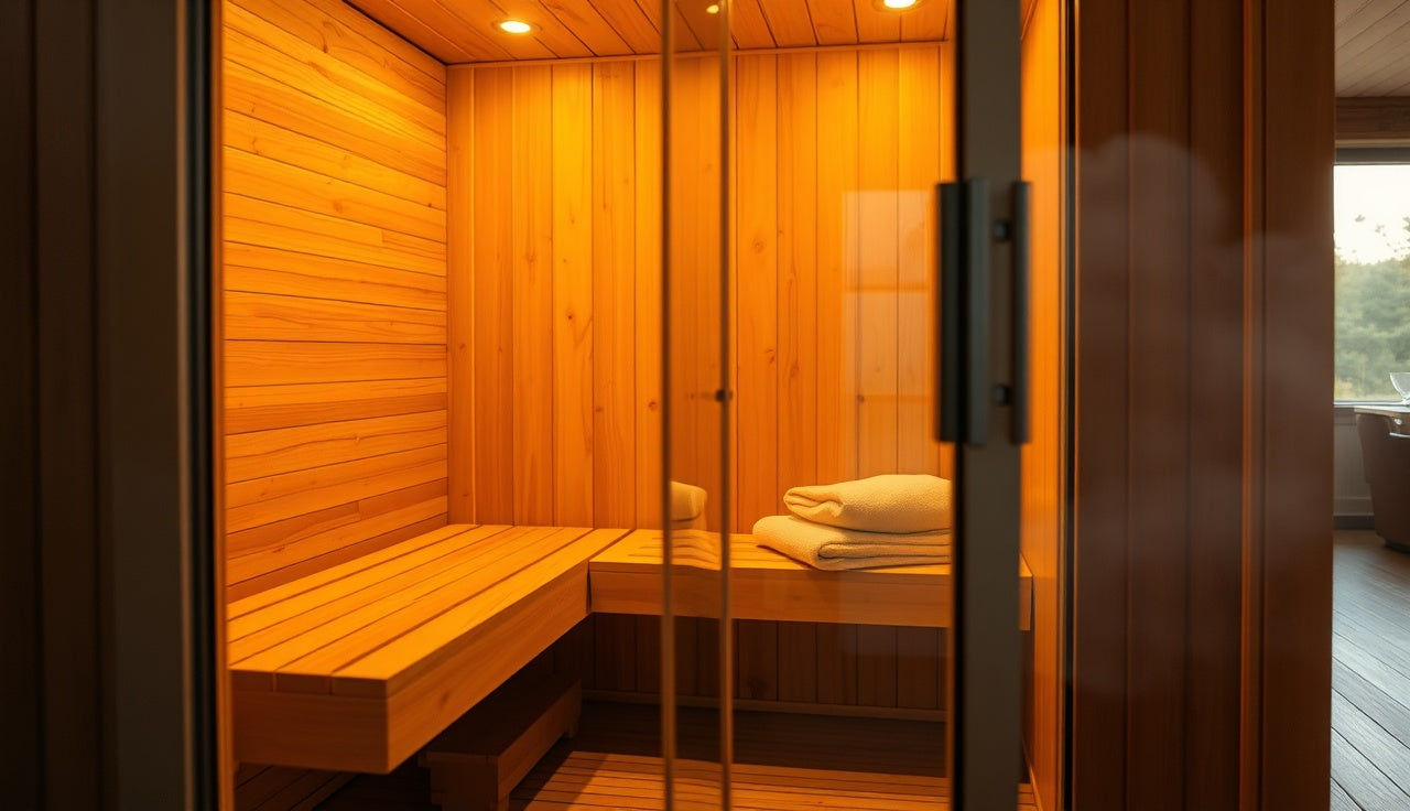 Infrared sauna cabin interior with warm amber light and cedar benches