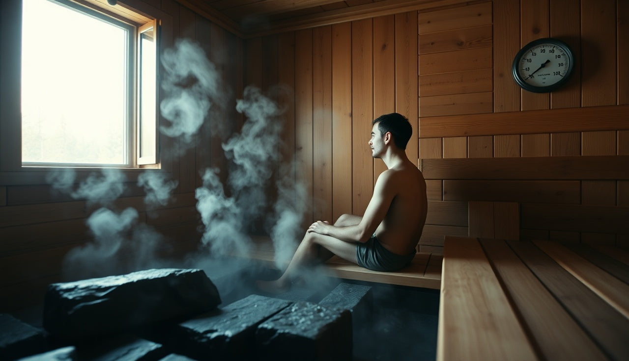 Man resting in a traditional Finnish sauna with steam rising from hot stones