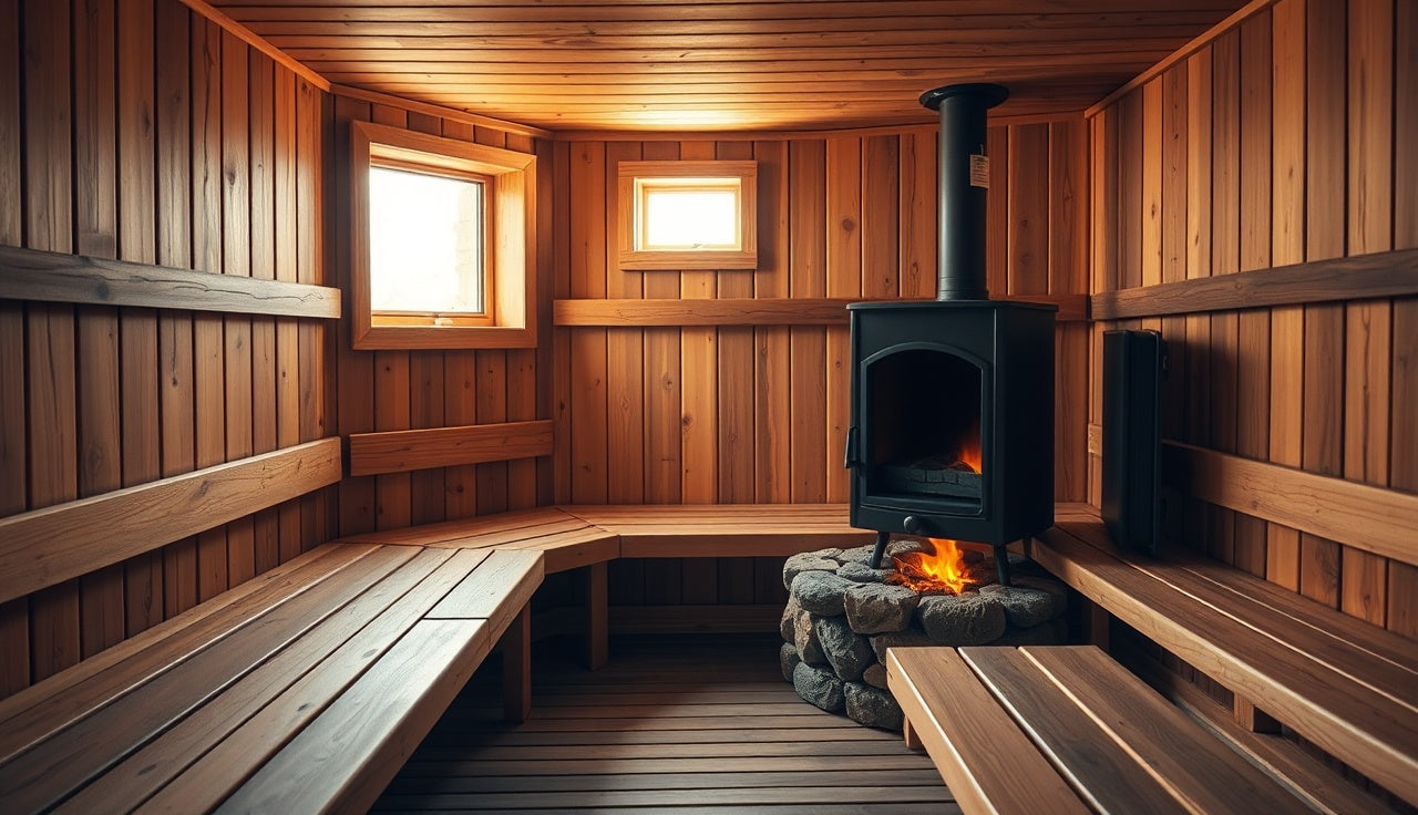 Empty cedar sauna interior with hot rocks and warm amber light, safe temperature topic