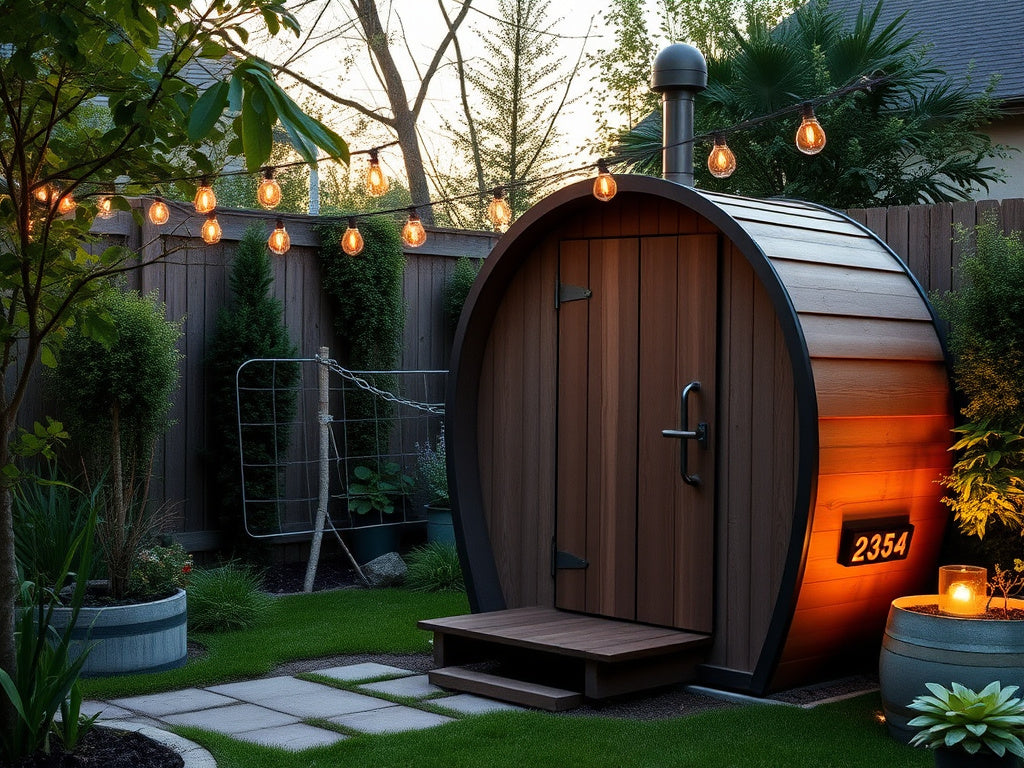 Outdoor sauna in backyard setting