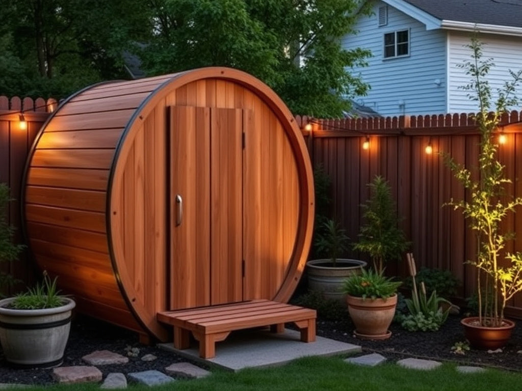 Outdoor sauna in backyard setting